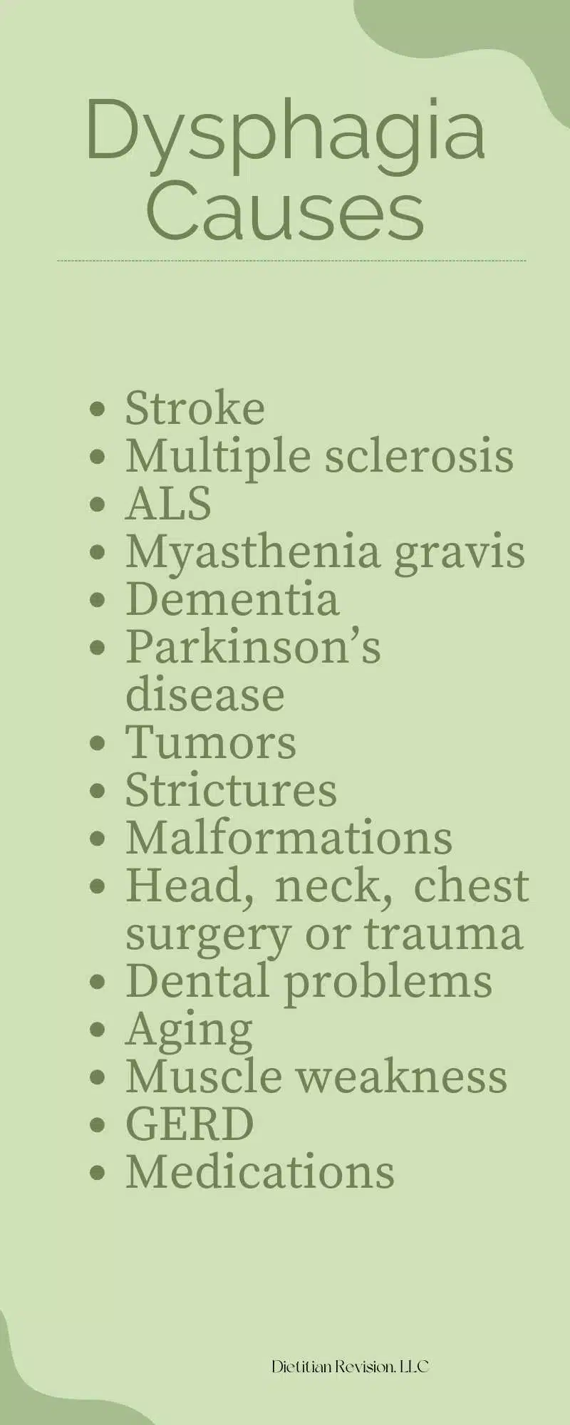 List of causes of dysphagia: stroke, MS, ALS, myasthenia gravis, Parkinson's, tumors, strictures, malformations, head neck chest surgery, dental problems, aging, muscle weakness, GERD, medications. 