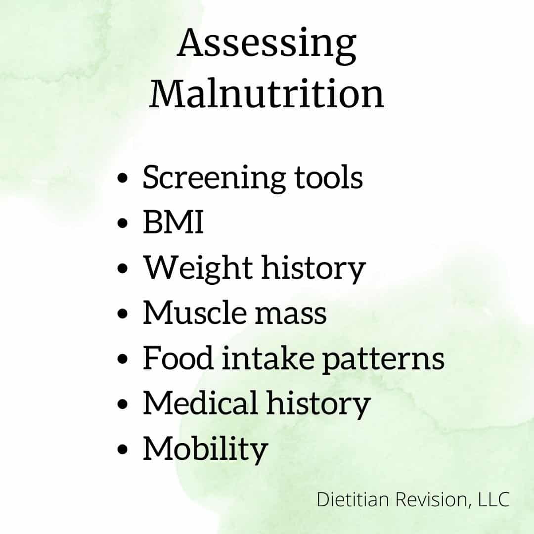 List on green and white background of assessing malnutrition. 