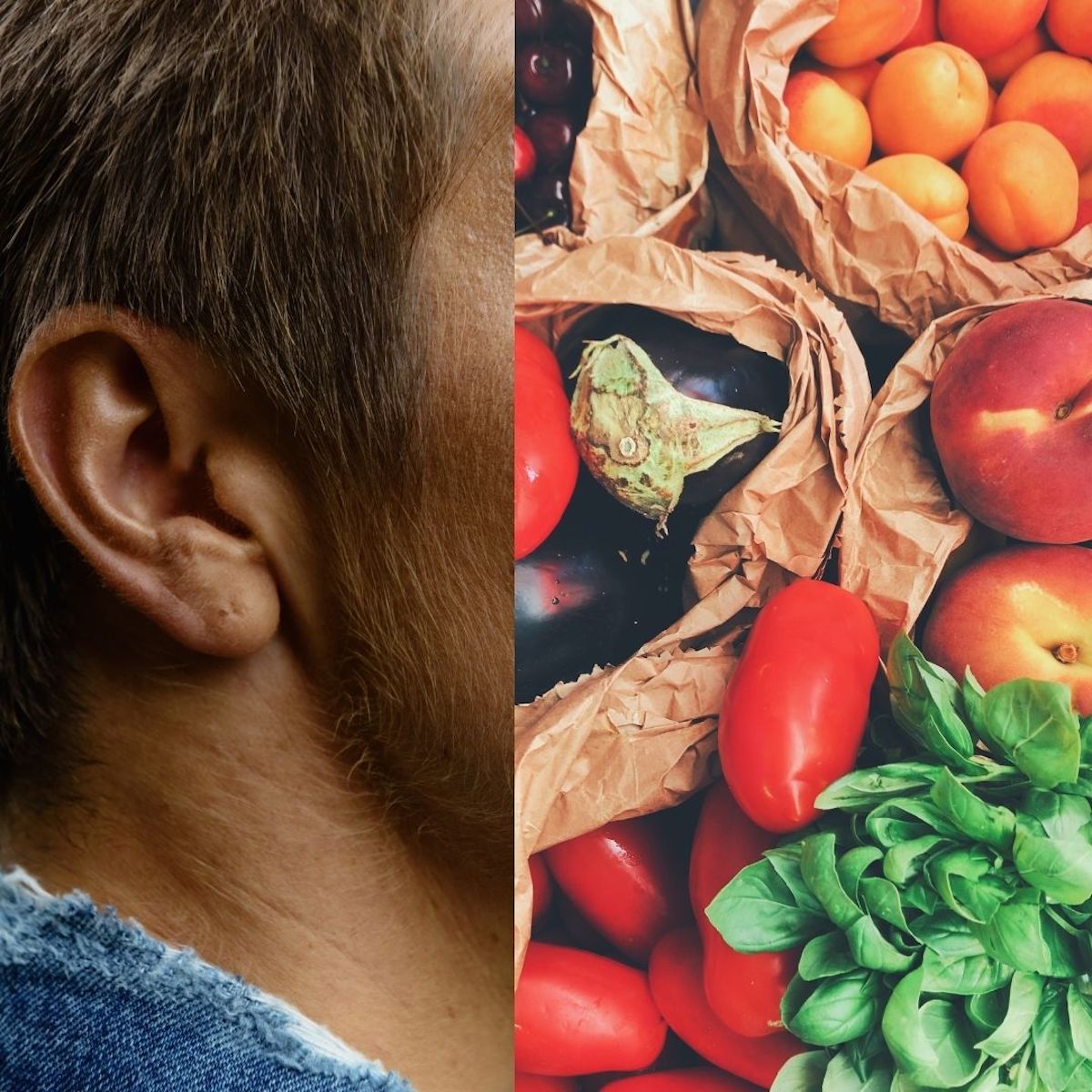 Split photo. Left half white male ear. Right half colorful foods including oranges, grape tomatoes, and spinach