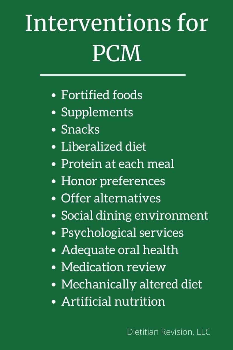 List on dark green background of interventions for protein calorie malnutrition. 