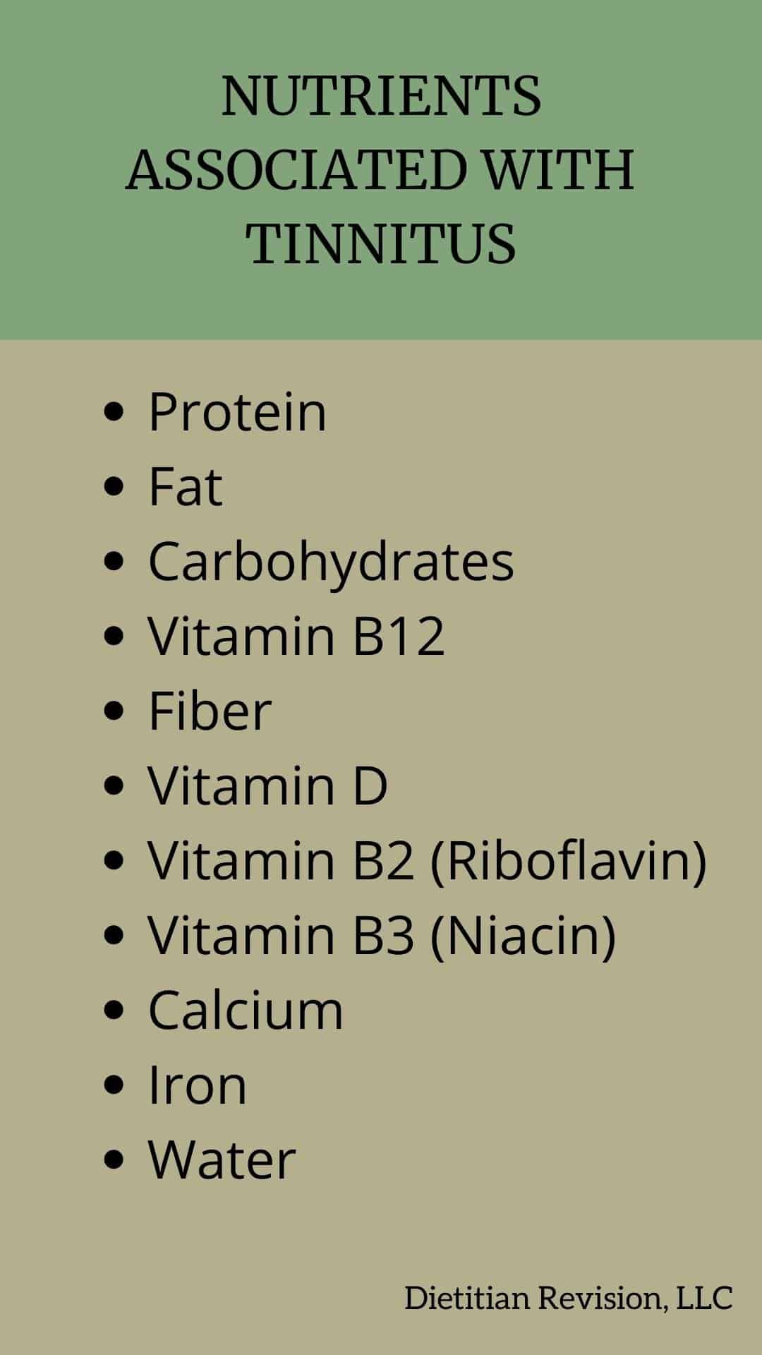 List of nutrients associated with tinnitus: protein, fat, carbohydrates, vitamin B12, fiber, vitamin D, vitamin B2, vitamin B3, calcium, iron, water