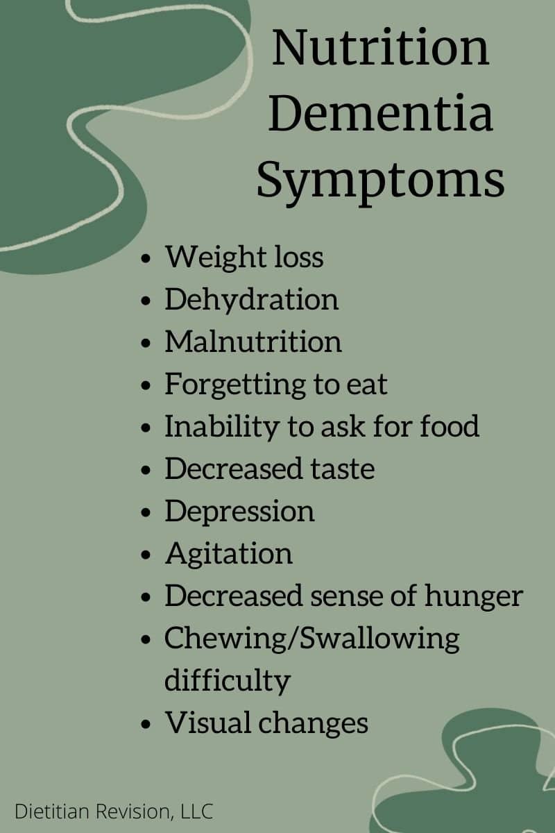 List on green background of nutrition related dementia symptoms: weight loss, dehydration, malnutrition, forgetting to eat, inability to ask for food, decreased taste, depression, agitation, decreased hunger, dysphagia, visual changes.