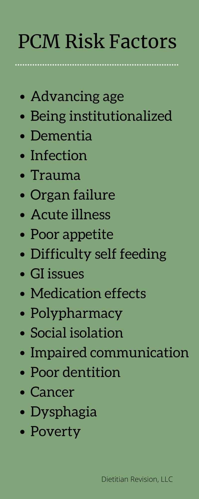 List on green background of protein calorie malnutrition risk factors. 