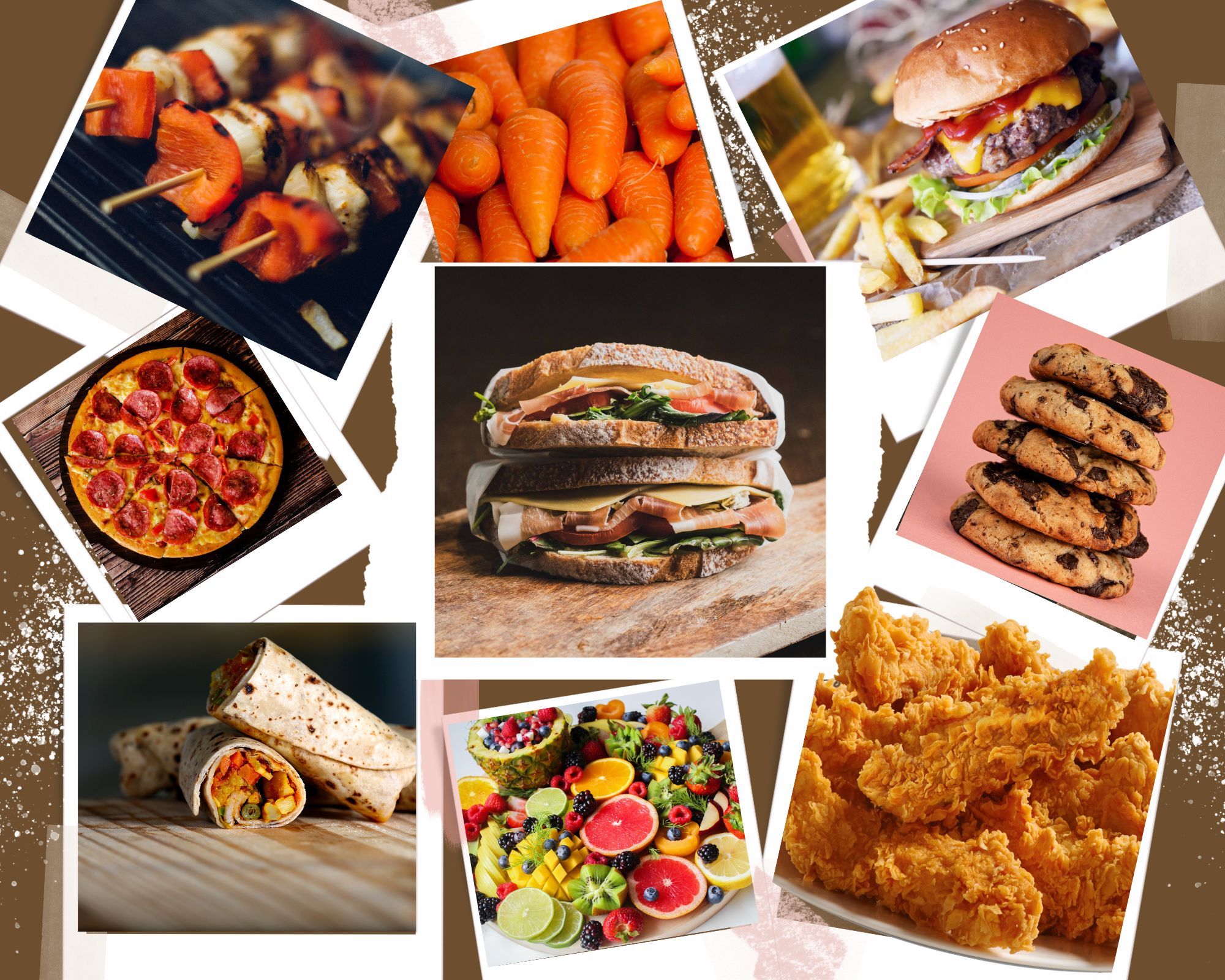 Photo collage of finger foods including kabobs, carrots, cheese burger, fries, cookies, sandwiches, pizza, wraps, fruit, and chicken tenders. 