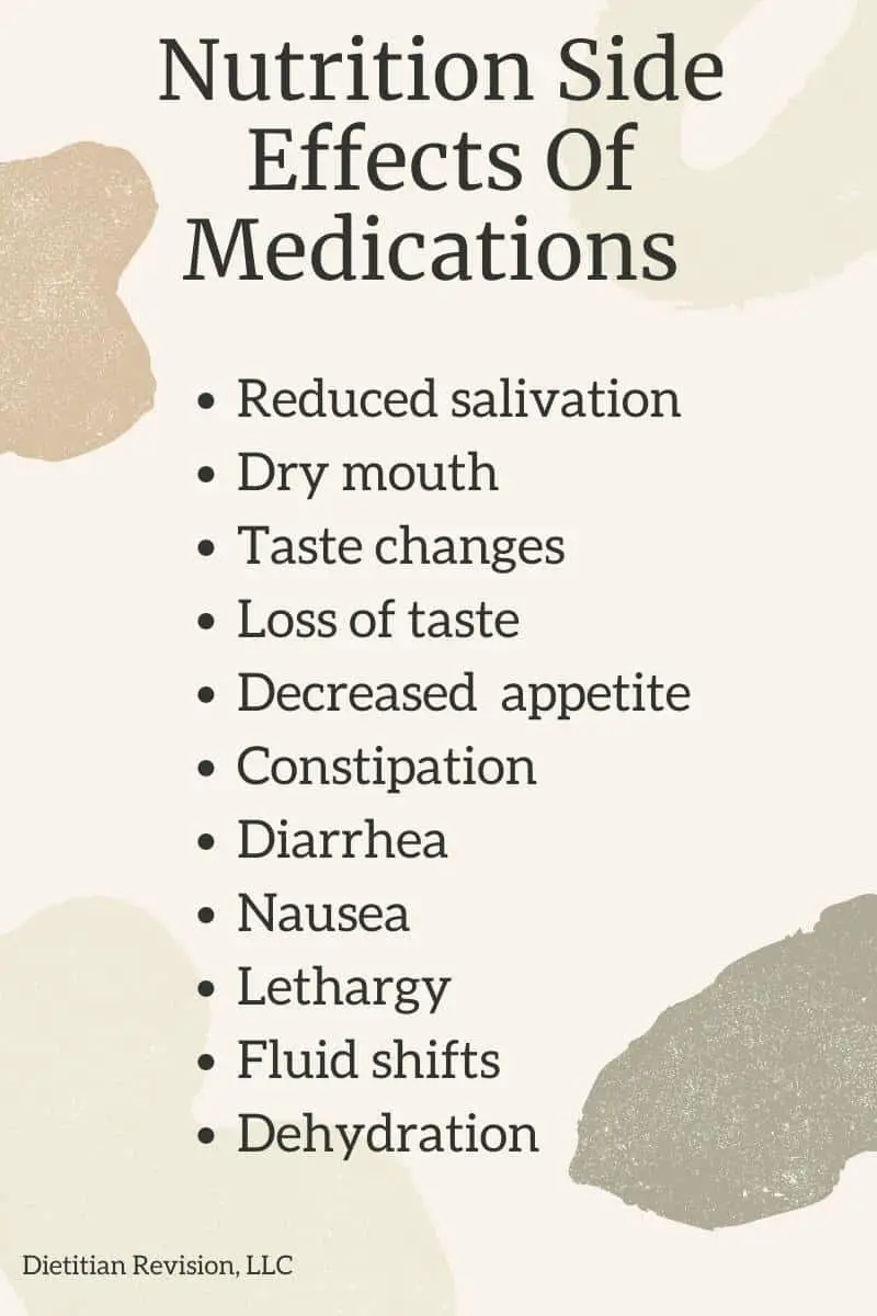 Nutrition side effects of medications: reduced salivation, dry mouth, taste changes, loss of taste, decreased appetite, constipation, diarrhea, nausea, lethargy, fluid shifts, dehydration.