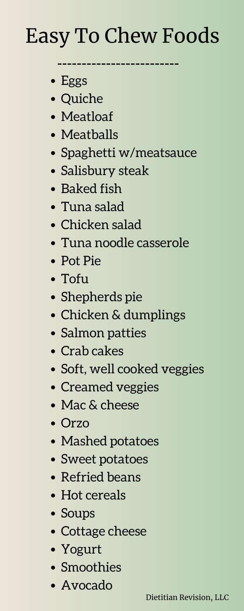 List of easy to chew foods: eggs, quiche, meatloaf, meatballs, spaghetti, salisbury steak, baked fish, tuna salad, chicken salad, tuna noodle casserole, pot pie, tofu, shepherds pie, chicken & dumplings, salmon patties, crab cakes, soft well cooked veggies, creamed veggies, mac & cheese, orzo, mashed potatoes, sweet potatoes, refried beans, hot cereals, soups, cottage cheese, yogurt, smoothies, avocado. 