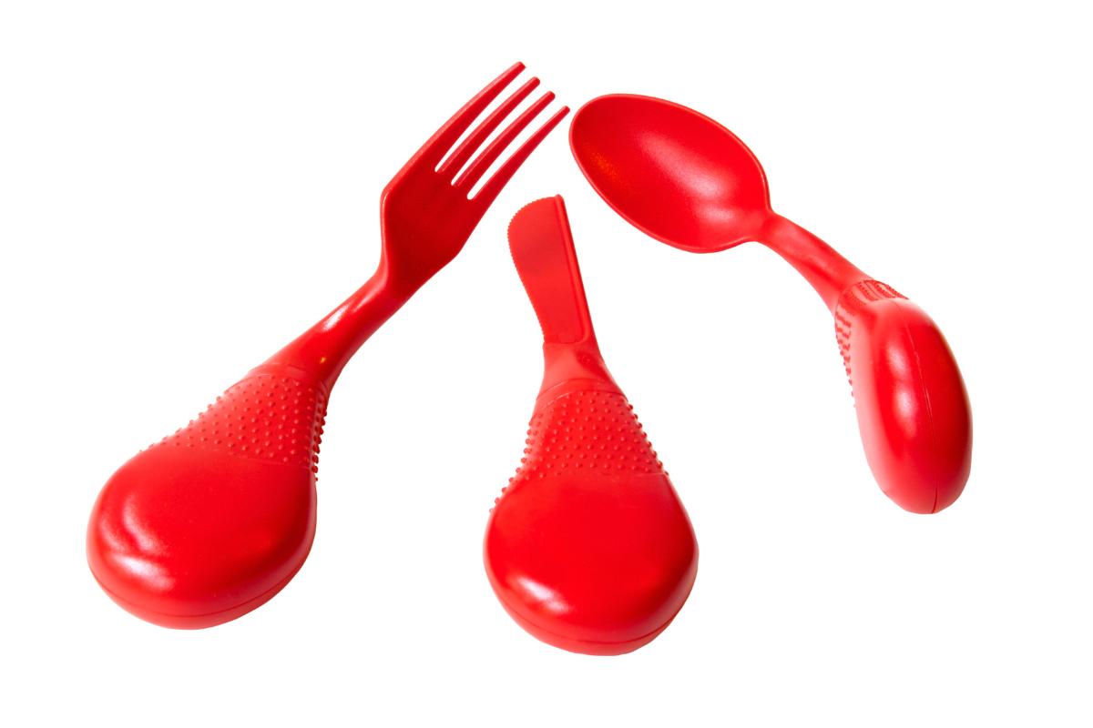 Red large handled fork, knife, and curved spoon.