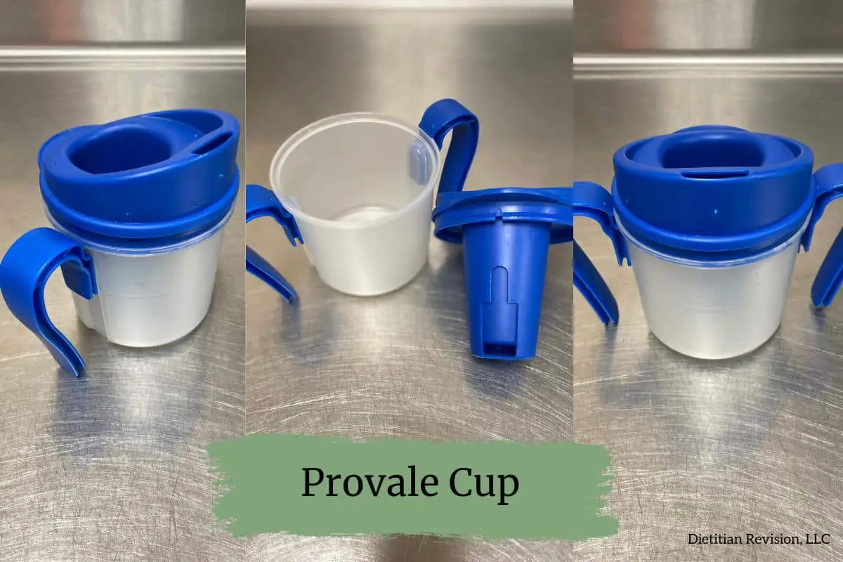 Clear provale cup with blue handles and lid sitting on stainless steel surface. 