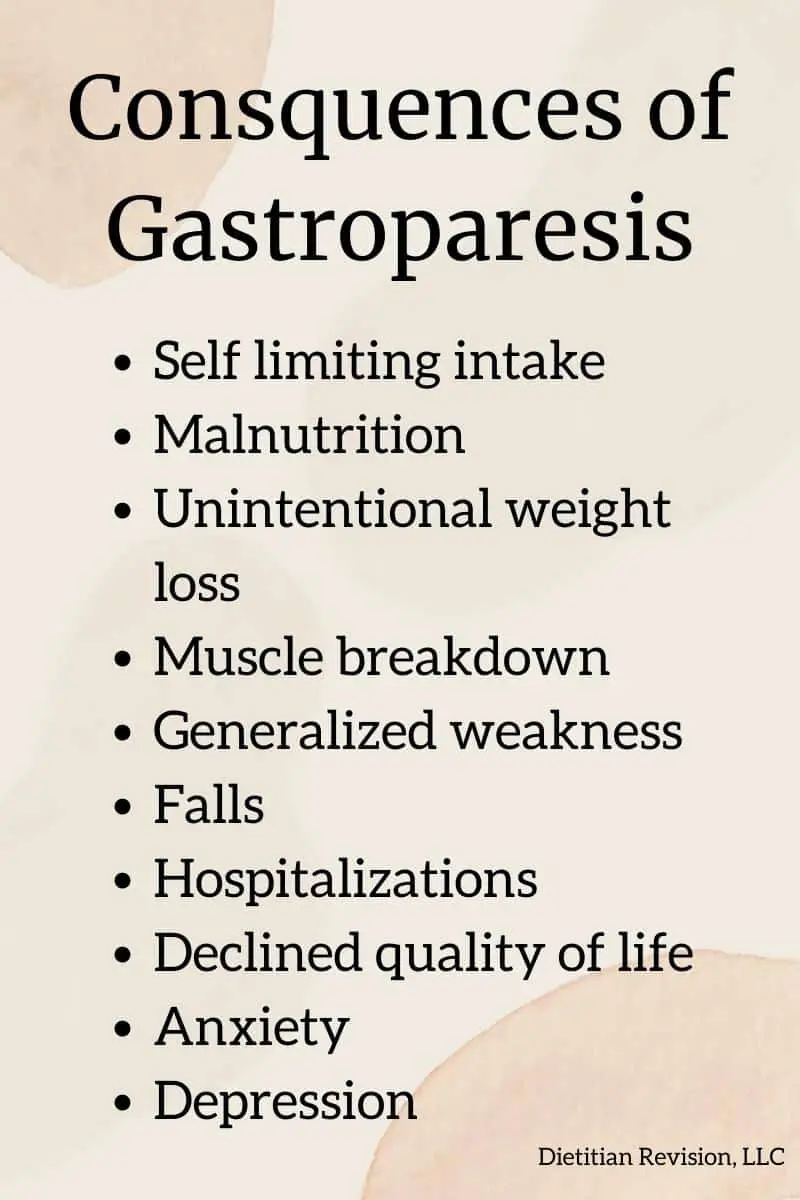 Consequences of gastroparesis: self limiting intake, malnutrition, unintentional weight loss, muscle breakdown, generalized weakness, galls, hospitalizations, declined quality of life, anxiety, depression. 