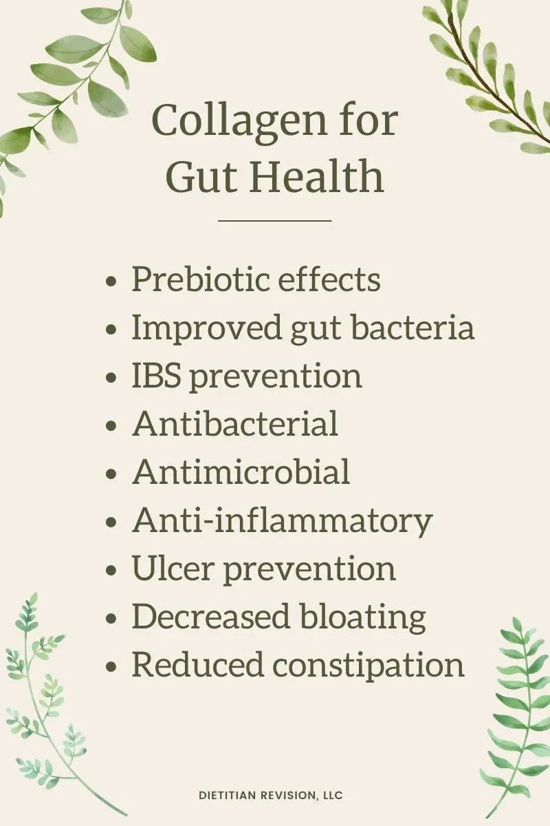 Collagen for gut health: prebiotic effects, improve gut bacteria, IBS prevention, antibacterial, antimicrobial, antiinflammatory, ulcer prevention, decreased bloating, reduced constipation. 