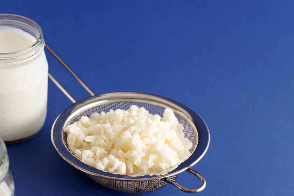 Kefir in glass and metal strainer on blue background. 