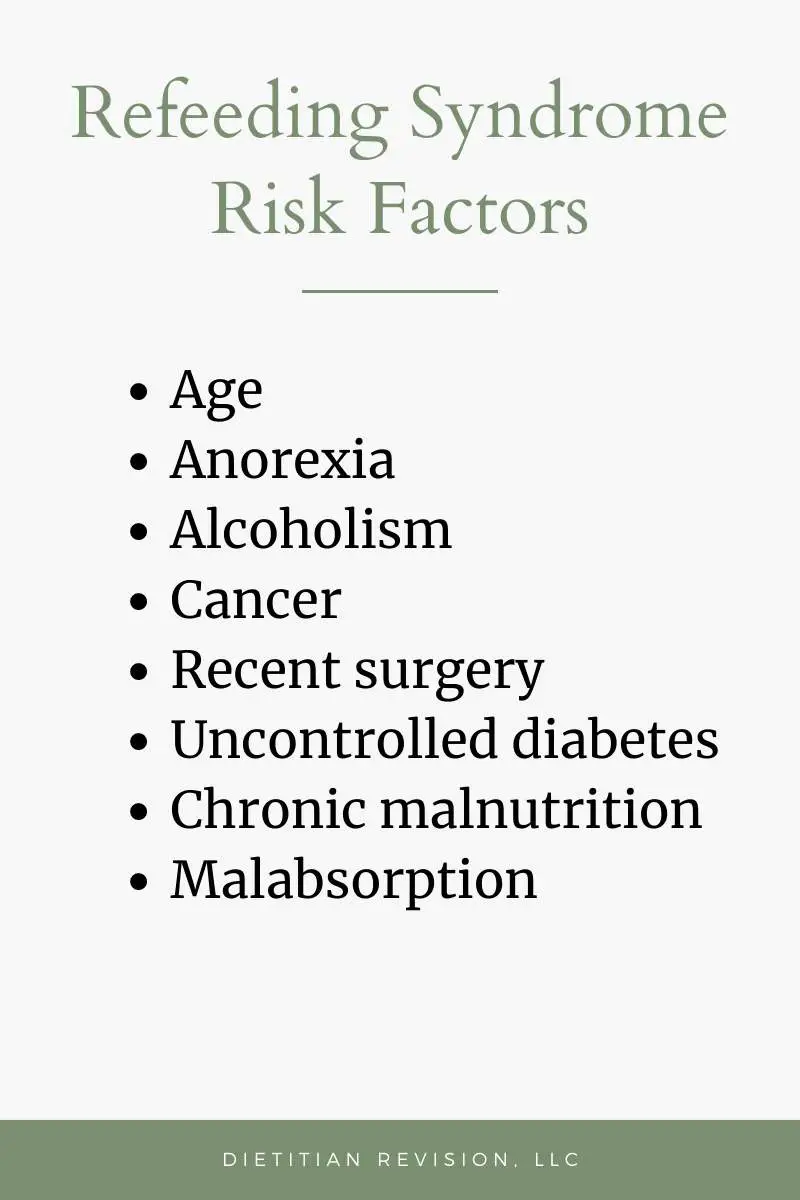 Refeeding syndrome risk factors: age, anorexia, alcoholism, cancer, recent surgery, uncontrolled DM, chronic malnutrition, malabsorption. 