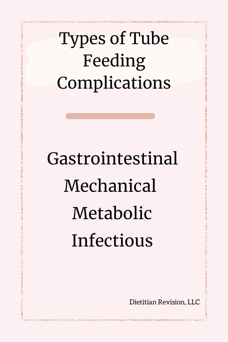 Types of tube feeding complications: GI, mechanical, metabolic, infectious. 