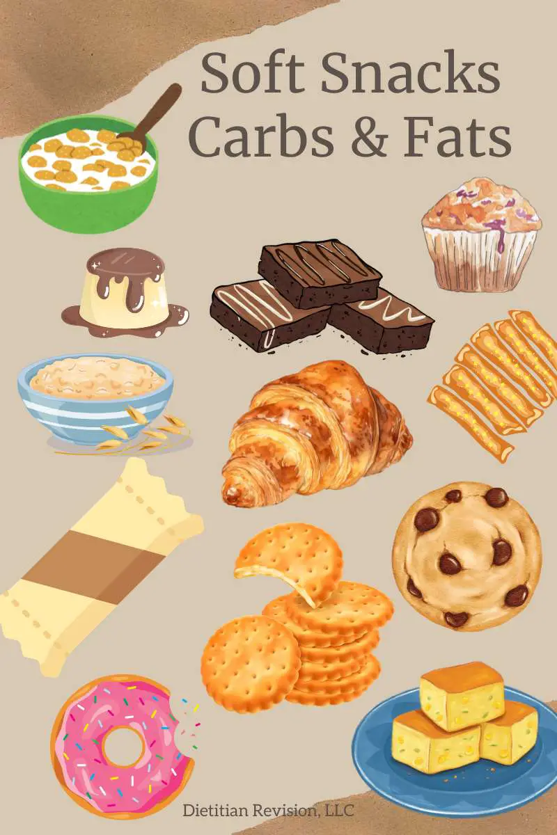 Images of soft carb and fat snacks: cereal, pudding, brownies, muffin, oatmeal, croissant, french toast sticks, cereal bar, soft crackers, cookie, donut, cornbread. 