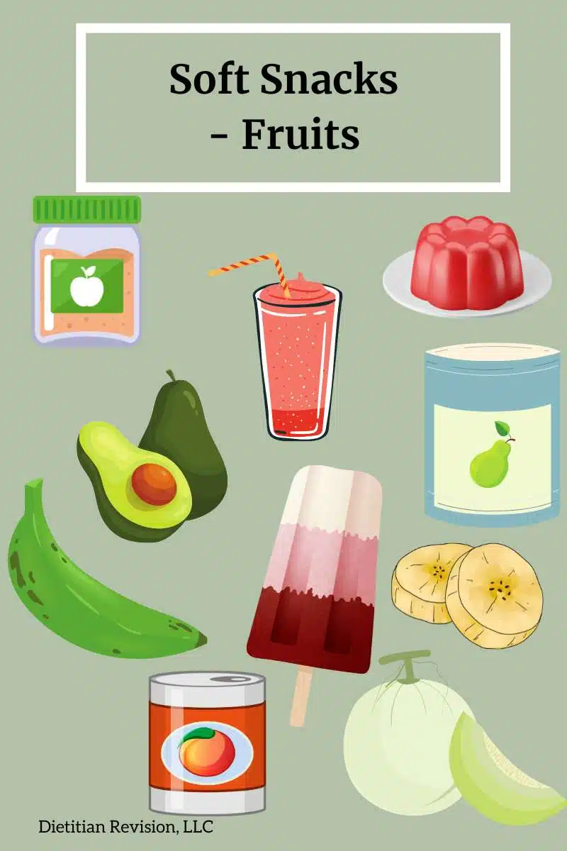 Images of soft snacks that are in the fruit category: applesauce, smoothie, gelatin, avocado, canned pears, plantains, frozen fruit bar, banana, canned peaches, ripe melon.